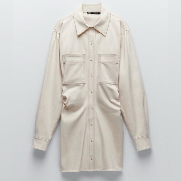 Zara | Blogger Fav Off-White Button-Up Cinched Waist Button Down Dress ~ Small - Picture 7 of 11